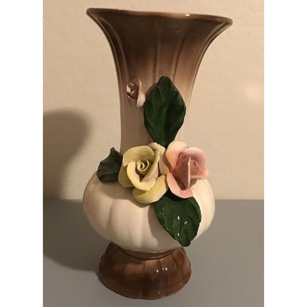 Italy Nuova Capodimonte 12” Porcelain Vase Brown Ombré 3D-Floral Handpainted VTG